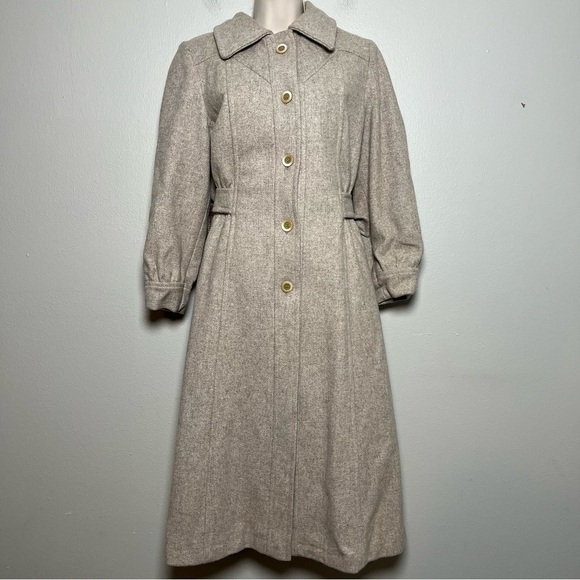 VTG 40s 50s‎ Women Wool Coat Small Tan Longline Hooded Scarf USA Made Lined